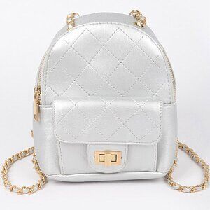 Quilted Puffer Backpack in Shiny Silver with Gold Rope Straps - NWT